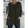 2021 Women Autumn Fashion Tunic Top Pocket Solid Color Loose Round Neck Long-sleeved T-Shirt Streetwear Casual Vintage Pullovers