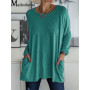 2021 Women Autumn Fashion Tunic Top Pocket Solid Color Loose Round Neck Long-sleeved T-Shirt Streetwear Casual Vintage Pullovers