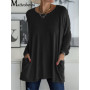 2021 Women Autumn Fashion Tunic Top Pocket Solid Color Loose Round Neck Long-sleeved T-Shirt Streetwear Casual Vintage Pullovers
