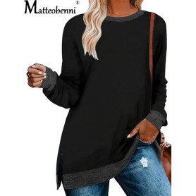 Autumn Women Harajuku Color Matching Fork T-Shirt Vintage Loose Casual Tops O Neck Long Sleeve Street Aesthetic T Shirt Female