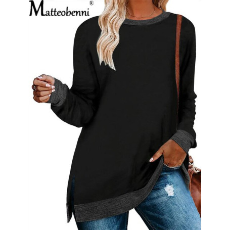 Autumn Women Harajuku Color Matching Fork T-Shirt Vintage Loose Casual Tops O Neck Long Sleeve Street Aesthetic T Shirt Female