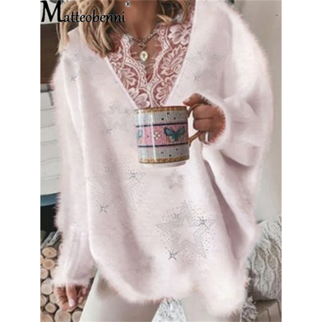 2021 Women Autumn Winter Fashion Lace V-Neck Pullover Sweater Streetwear Ladies Long Sleeve Oversize Casual Loose Sweater Tops