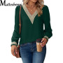 Woman Blouses 2022 Autumn V-Neck Lace Solid Color Stitching Top Women's Long-Sleeved Sleeves Loose Chiffon Shirt Female Clothing