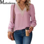 Woman Blouses 2022 Autumn V-Neck Lace Solid Color Stitching Top Women's Long-Sleeved Sleeves Loose Chiffon Shirt Female Clothing