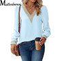 Woman Blouses 2022 Autumn V-Neck Lace Solid Color Stitching Top Women's Long-Sleeved Sleeves Loose Chiffon Shirt Female Clothing