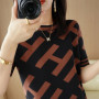 Women's Summer New Cotton Knit Sweater Slim Short Sleeve Casual Vintage Letter Embroidery Top Large Size Pullover T-Shirt