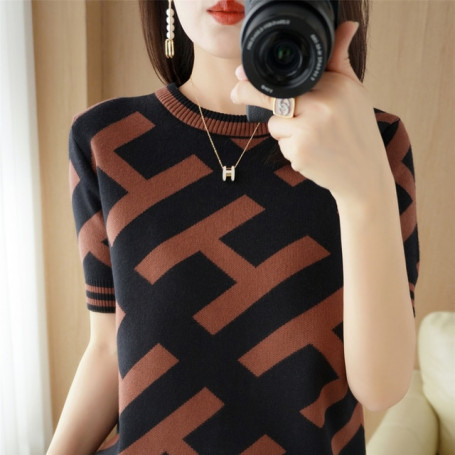 Women's Summer New Cotton Knit Sweater Slim Short Sleeve Casual Vintage Letter Embroidery Top Large Size Pullover T-Shirt