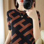 Women's Summer New Cotton Knit Sweater Slim Short Sleeve Casual Vintage Letter Embroidery Top Large Size Pullover T-Shirt