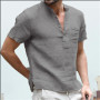 2022 New Men's T-shirt V-neck single breasted design Men tshirt Casual fashion Cotton and Linen Breathable SolidColor Shirt Male