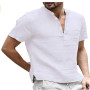 2022 New Men's T-shirt V-neck single breasted design Men tshirt Casual fashion Cotton and Linen Breathable SolidColor Shirt Male