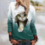 Women's Sweater 3d Animal Kitten Print Long Sleeve Tshirt Fashion O-neck Kawaii Cotton Pullover Top Casual Female Clothes Autumn