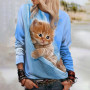 Women's Sweater 3d Animal Kitten Print Long Sleeve Tshirt Fashion O-neck Kawaii Cotton Pullover Top Casual Female Clothes Autumn