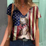 American flag Women Print Women Cat T Shirt New Summer Short Sleeve V-Neck Casual Loose Top Oversize Female Streetwear Top
