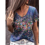 Summer Casual Tee Short Sleeve Women T-Shirts Flower Print Street Tops Female V-Neck Loose T-Shirt 5XL  Size Top Pullover