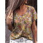 Summer Casual Tee Short Sleeve Women T-Shirts Flower Print Street Tops Female V-Neck Loose T-Shirt 5XL  Size Top Pullover