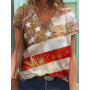 Trendy USA Flag Graphic T-shirt Women Summer Short Sleeve Clothes V-Neck Tops Lady Basic Tee Blouse Stripe Star Print T Shirt