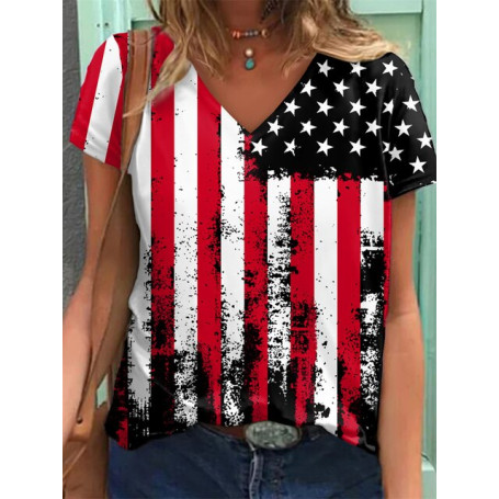 Trendy USA Flag Graphic T-shirt Women Summer Short Sleeve Clothes V-Neck Tops Lady Basic Tee Blouse Stripe Star Print T Shirt