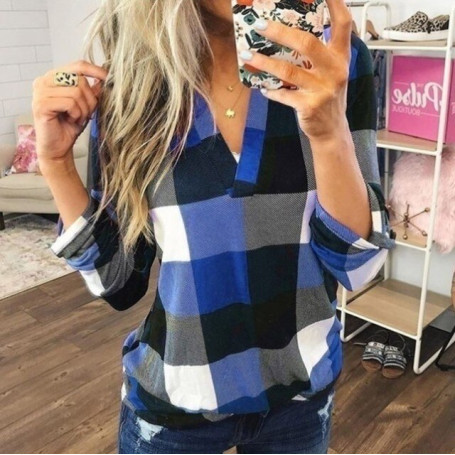 Blouse Women Plus Size 2021 European New Hot Spring Leisure Shirt Plaid Print V-neck Long-Sleeve Top Spot Shirts Blouse YFF6298