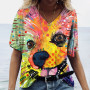 Women's V-neck Top Short Sleeve T-shirts Summer New 3D Cute Dog Print Casual Lovely Harajuku Versatile Y2K Clothes European Size