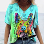 Women's V-neck Top Short Sleeve T-shirts Summer New 3D Cute Dog Print Casual Lovely Harajuku Versatile Y2K Clothes European Size