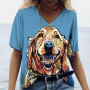 Women's V-neck Top Short Sleeve T-shirts Summer New 3D Cute Dog Print Casual Lovely Harajuku Versatile Y2K Clothes European Size