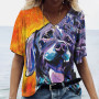 Women's V-neck Top Short Sleeve T-shirts Summer New 3D Cute Dog Print Casual Lovely Harajuku Versatile Y2K Clothes European Size
