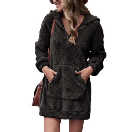 New Autumn Winter Zipper Solid Long Sleeve Dress Women Casual Sweatshirt Hooded Fashion Vintage Loose Pocket Large Size Dresses