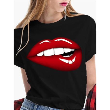 Women T-shirts With Red Lips Printed For Woman Fashion Sexy Kiss Lip Tees Tops Summer Short Sleeve Funny T-shirt Female Clothing