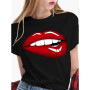 Women T-shirts With Red Lips Printed For Woman Fashion Sexy Kiss Lip Tees Tops Summer Short Sleeve Funny T-shirt Female Clothing