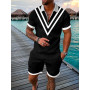 Men's Summer Tracksuit V-Pattern Series Short Sleeve Zipper Polo Shirt&Shorts Sets For Men Casual High Quality Streetwear Suit
