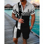 Men's Summer Tracksuit V-Pattern Series Short Sleeve Zipper Polo Shirt&Shorts Sets For Men Casual High Quality Streetwear Suit