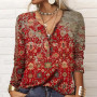 Vintage Print Long Sleeve T-Shirt Female Elegant Ethnic Style V Neck Loose Tops Women's Clothing Streetwear Autumn Cotton Tees