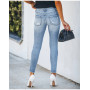 Elegant Women's Mid Waist Broken Holes Jeans Fashion Female Slim Fit Splicing Denim Pencil Pants Commuter Office Cotton Trousers