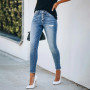 Elegant Women's Mid Waist Broken Holes Jeans Fashion Female Slim Fit Splicing Denim Pencil Pants Commuter Office Cotton Trousers