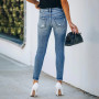 Elegant Women's Mid Waist Broken Holes Jeans Fashion Female Slim Fit Splicing Denim Pencil Pants Commuter Office Cotton Trousers