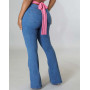 Big Pocket Women's High Waist Denim Pants Fashion Casual Streetwear Washable Zipper Jeans Deep Blue Flared Trousers For Female