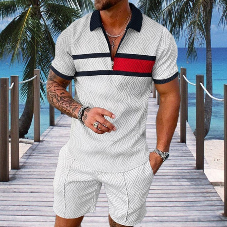 Men's Summer Tracksuit V-Pattern Series Short Sleeve Zipper Polo Shirt&Shorts Sets For Men Casual High Quality Streetwear Suit