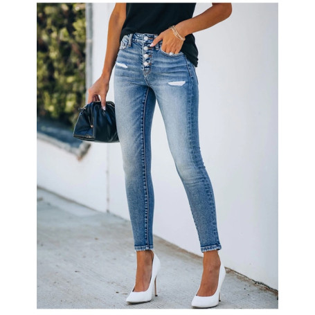Elegant Women's Mid Waist Broken Holes Jeans Fashion Female Slim Fit Splicing Denim Pencil Pants Commuter Office Cotton Trousers