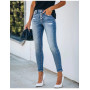 Elegant Women's Mid Waist Broken Holes Jeans Fashion Female Slim Fit Splicing Denim Pencil Pants Commuter Office Cotton Trousers