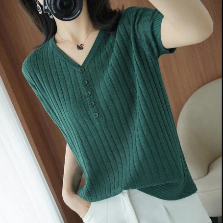 Simple All-match ice Silk Short-sleeved Women's T Shirt New Korean Version Loose and Slim all-Match Blouse large Size Knit