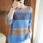 thin ice silk knit autumn/winter new short-sleeved T shirt women round collar loose color hollow bottom top half sleeve