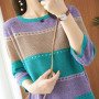 thin ice silk knit autumn/winter new short-sleeved T shirt women round collar loose color hollow bottom top half sleeve