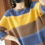 thin ice silk knit autumn/winter new short-sleeved T shirt women round collar loose color hollow bottom top half sleeve