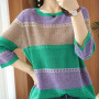 thin ice silk knit autumn/winter new short-sleeved T shirt women round collar loose color hollow bottom top half sleeve