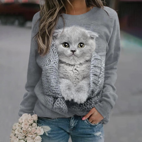 Women Sweater T Shirt Fashion Cat Tops Harajuku Long Sleeve 3d T-shirt Animal Graphic Pullover Street Cotton Casual O Neck Shirt