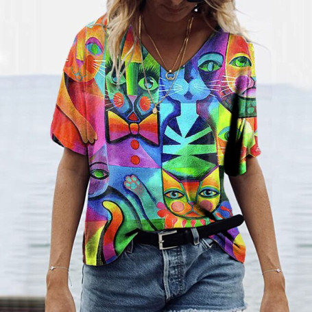 Summer Fashion Women T Shirt Colorful Letter Print Tops Tee Ladies V-Neck Short Sleeve  Size Loose T Shirt Female Tops Kawaii