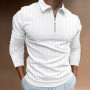 Men's Long Sleeve Polo Shirts Fashion Stripe Zipper Turn-Down Collar Slim Casual Shirts Tops