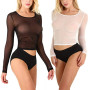 Women T Shirt See Through Mesh Black Long Sleeve Bodysuit Sheer Slim Turtleneck Tulle Crop Top T-Shirt Transparent