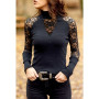 Women Tops Long-Sleeved Lace Turtleneck Hollow Shirt Clothes