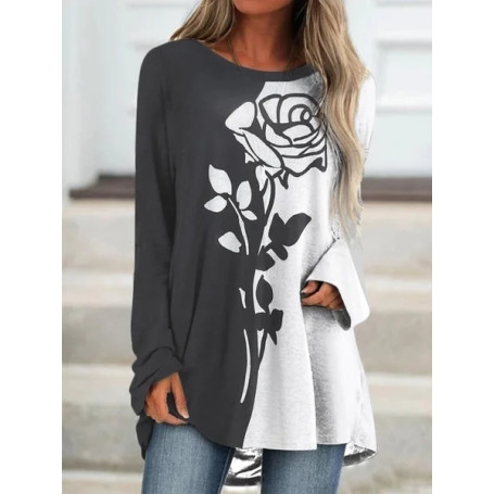 Women's Everyday Fashion Top Elegant Loose Size Long Sleeve Round Collar Oversized Pullover Vintage Prints Tee Shirt